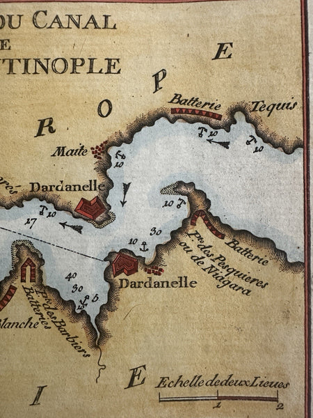 Constantinople Dardanelles Asia 1764 Roux engraved colored coastal map