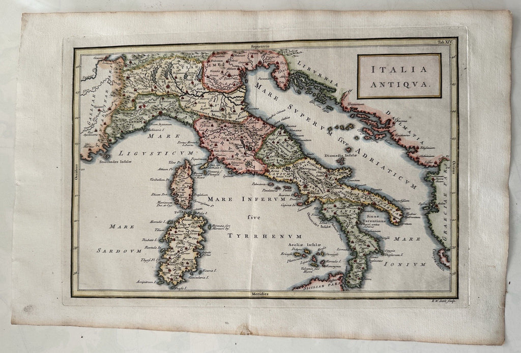 Italy historical Italia antiqua 1747 Cellarius fine antique hand colored map
