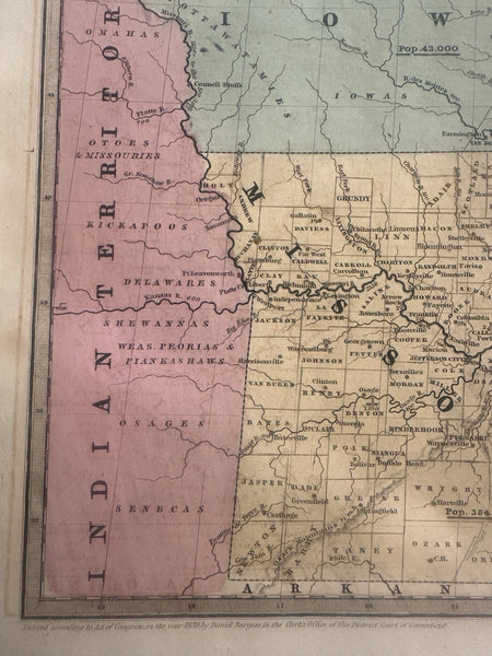 Western states Indian Territory Iowa United States 1839 antique hand colored map