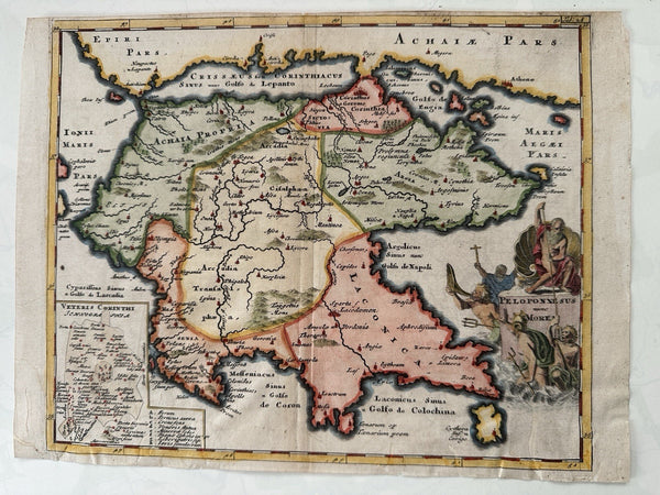 ancient Greece Peloponnesus Morea Corinth c.1710 decorative hand colored map