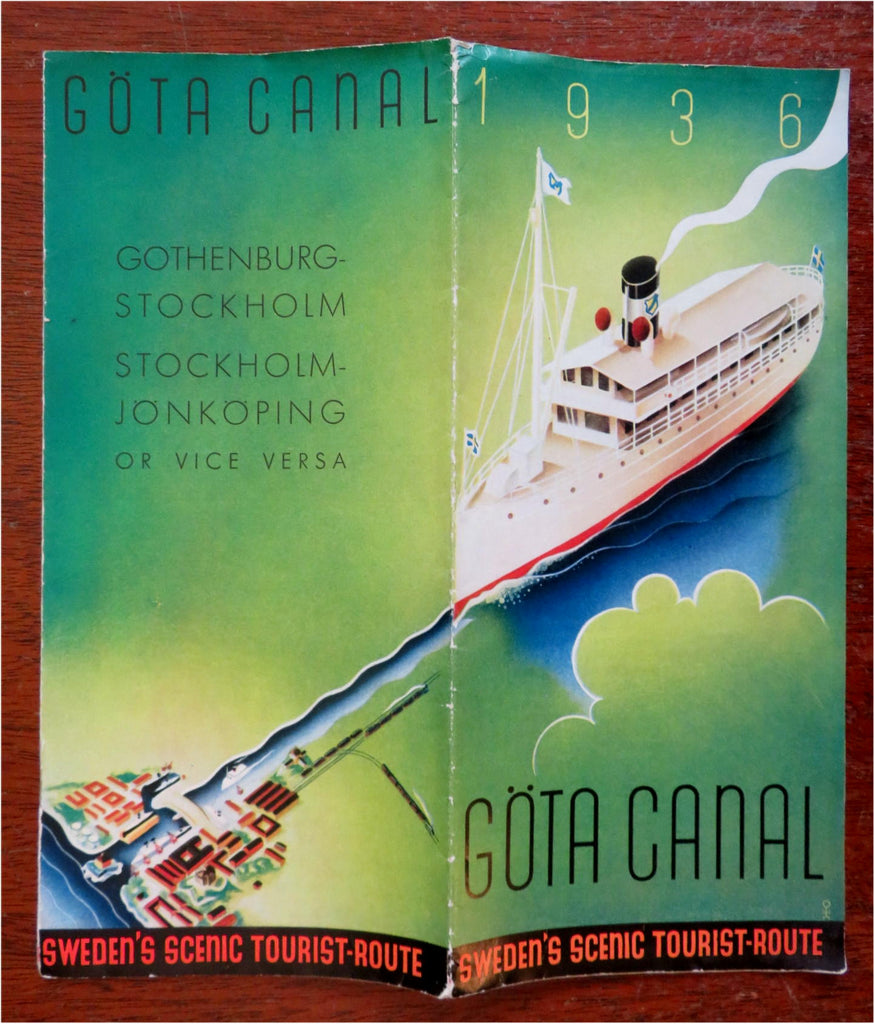 Gota Canal Sweden Gothenburg Stockholm 1936 art deco tourist cartoon map promo