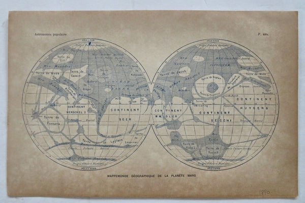 Mars Surface Map double hemispheres c. 1890's lithographed map