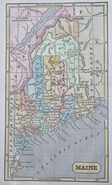 Maine state by itself 1853 Fanning scarce hand colored miniature map