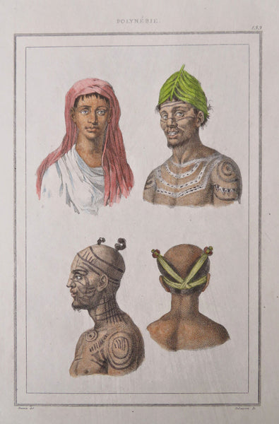 Marpuesas Island Polynesia Men & Women body face Tattoos 1837 scarce French view