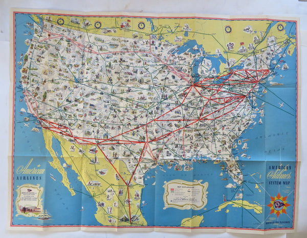 American Airlines Cartoon Pictorial map c. 1950-60 United States & Mexico Routes