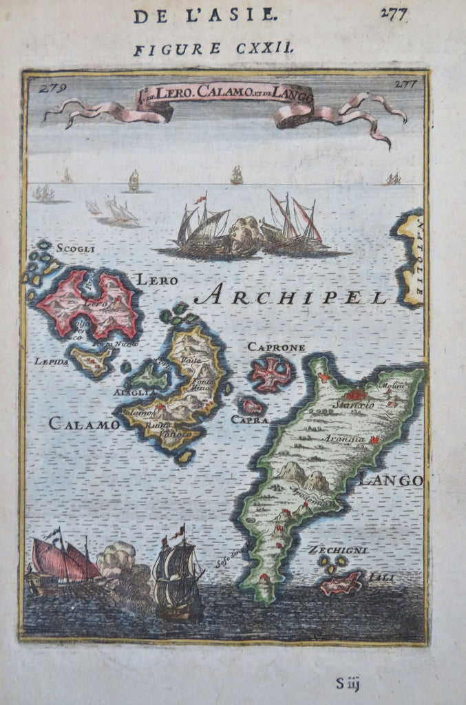 Greek Islands Dodecanese Lango Leros Calamo 1683 Mallet hand colored small map