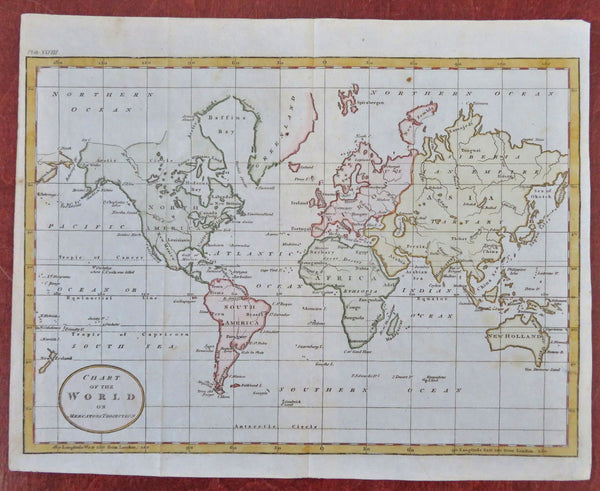 World Map Mercator's Projection c. 1790's Capt. Cook Death map w/ hand ...