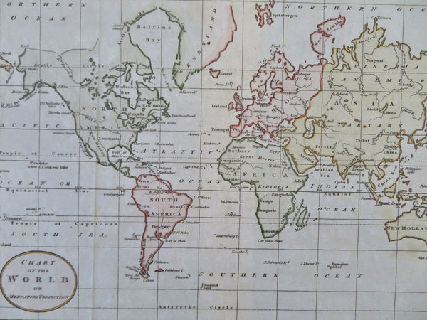 World Map Mercator's Projection c. 1790's Capt. Cook Death map w/ hand color