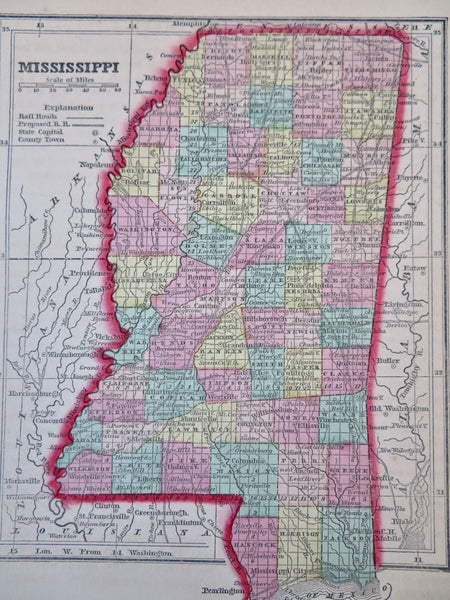 Mississippi Jackson Gulfport 1856 Morse Cerographic miniature hand color map