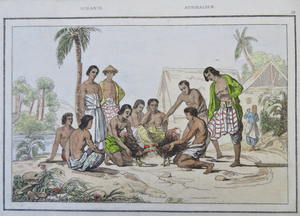 Rooster Cock Fighting Australia Gambling Betting Scene 1837 scarce French print