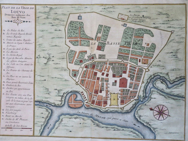 Lopburi Thailand Louvo Chao Phraya River 1752 Bellin hand color city plan