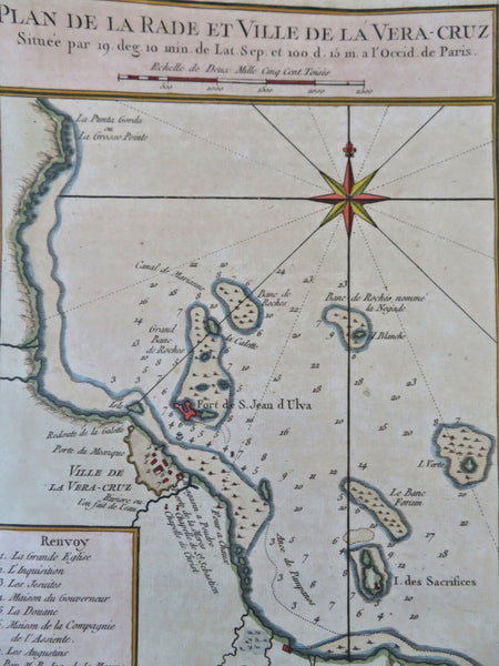 Vera Cruz Mexico Fort St. Jean d'Ulva Harbor Depths 1754 Bellin hand color map