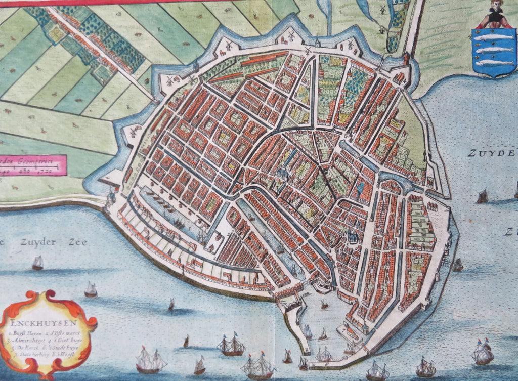 Enckhuysen Holland Sailing Ships 1634 Hondius detailed full hand color city plan