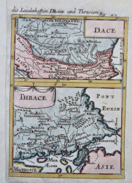 Ancient Balkans Dacia Thrace Danube River 1685 Mallet miniature hand color map