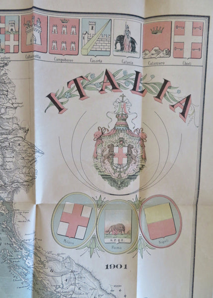 Italy in Provinces decorative c. 1901 Vallardi rare large folding color map