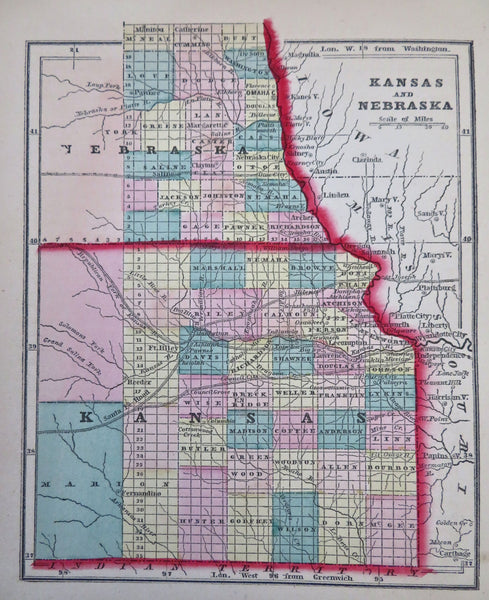 Kansas & Nebraska Omaha Fort Riley Topeka 1857 Morse miniature state map