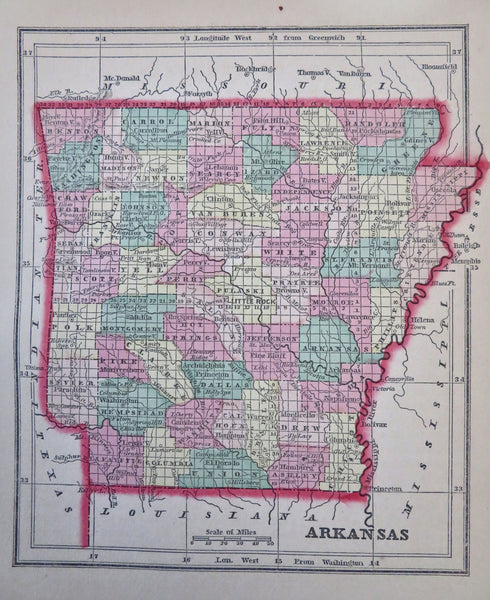Arkansas Little Rock Fort Smith Fayetteville 1857 Morse miniature state map