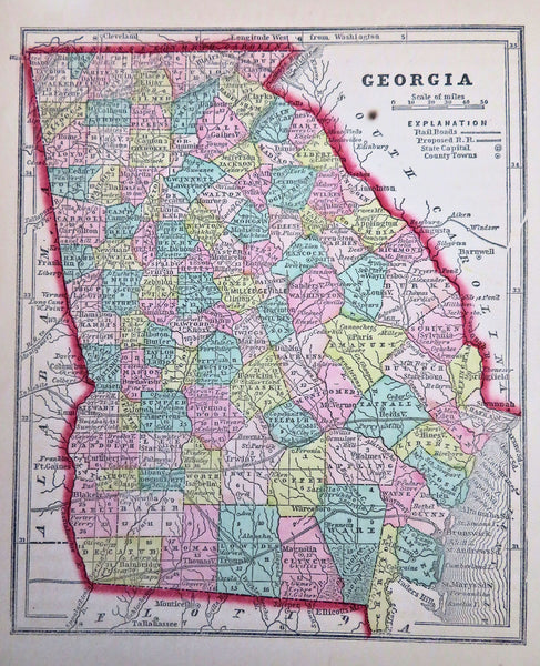 Georgia Atlanta Savanna Macon Antebellum South 1857 Morse miniature state map