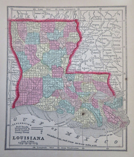 Louisiana New Orleans Baton Rogue Lafayette 1857 Morse miniature state map