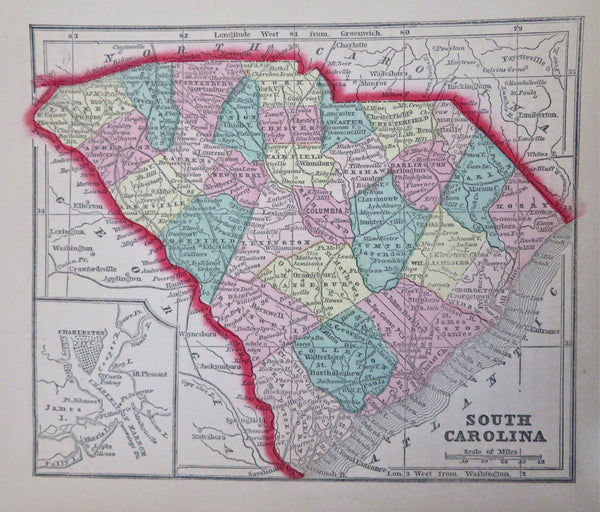 South Carolina Charleston Columbia 1857 Morse miniature state map