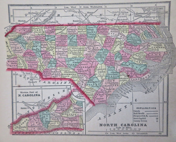 North Carolina Raleigh Cape Fear Durham 1857 Morse miniature state map HC