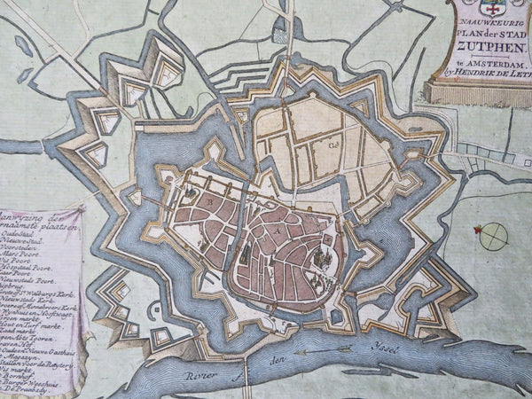Zutphen Holland Netherlands Nederland c. 1750 de Leth city plan hand colored map
