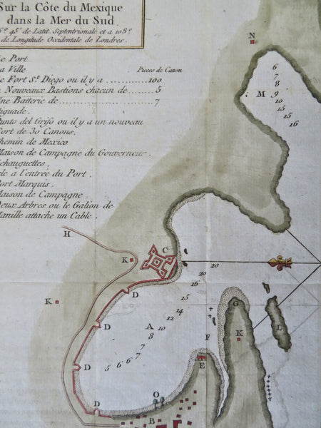 Acapulco Mexico 1754 city plan coastal survey w/ key scarce miniature map