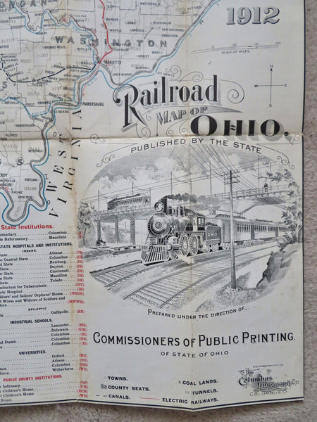 Ohio Railroad map 1912 rare large decorative linen backed map