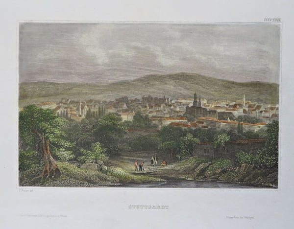 Stuttgart Germany City View Skyline Churches c. 1850 Meyer engraved print