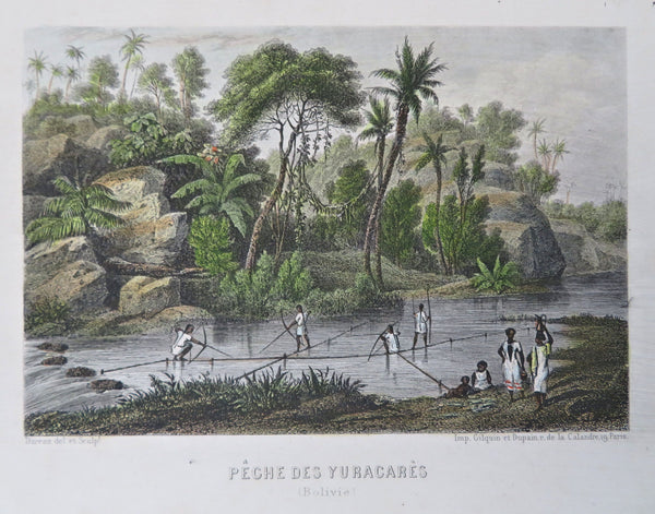 Natives Fishing Bolivia South America c. 1850 Dufour engraved print