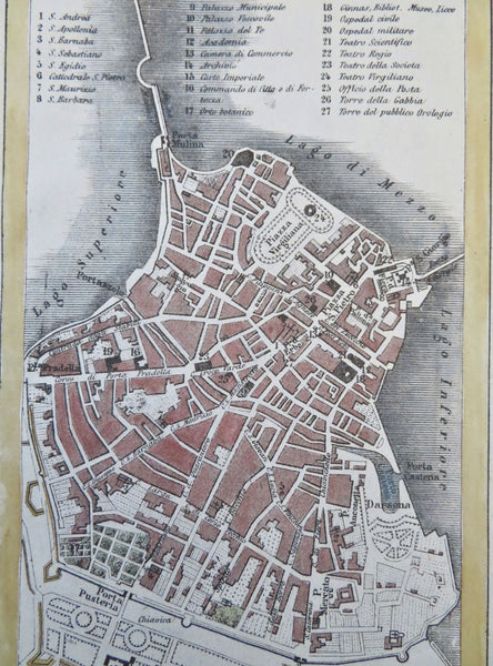 Mantua Lombardy Italy Lago Superiore di Mezzo c. 1870 old city plan detailed map