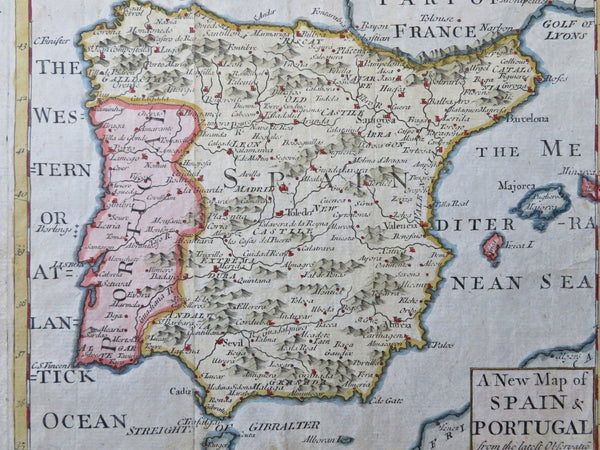 Iberia Spain & Portugal c. 1730 scarce little Gordon hand colored map