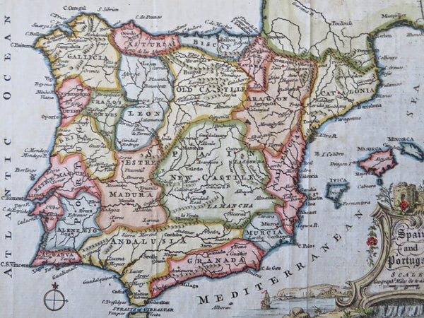 Spain & Portugal Iberia Madrid Barcelona 1758 Jeffrys decorative hand color map