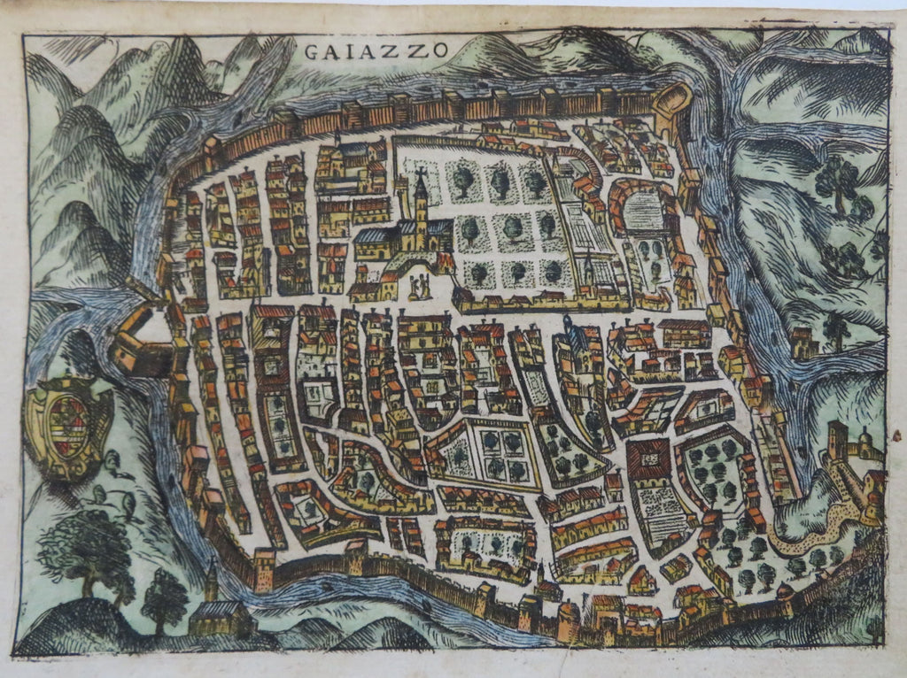 Gaiazzo Italy Bergamo City Plan Bird's Eye View 1629 Bertelli engraved print