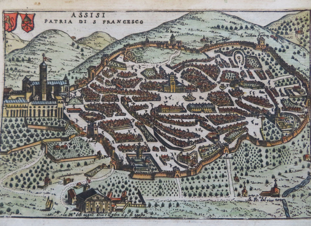 Assisi Italy Home of St. Francis City Plan Bird's Eye View 1629 engraved print