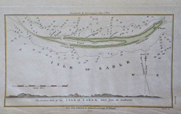 Sable Island Canada Navigation 1833 Blunt hand colored coastal nautical map