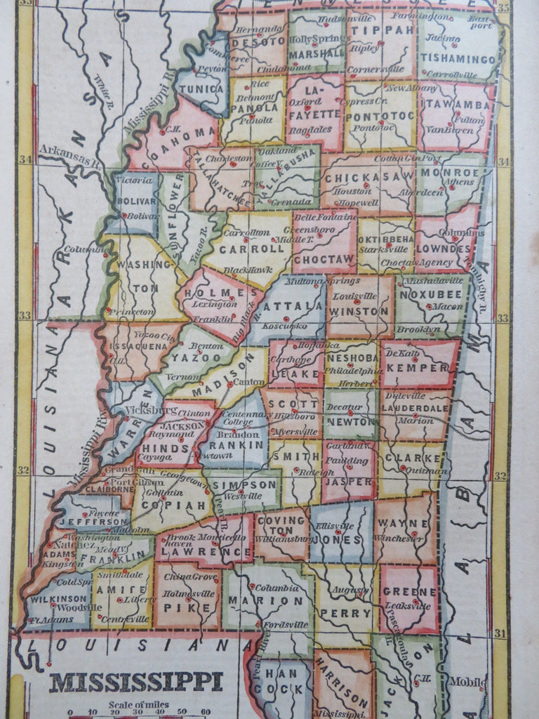 Mississippi Jackson Vicksburg Biloxi 1853 scarce hand colored cerographic map