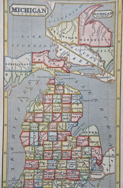 Michigan Detroit Flint Lansing UP 1853 scarce hand colored cerographic map