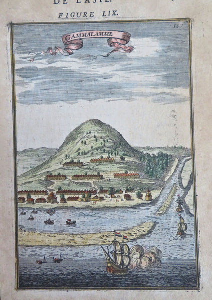 Maluku Islands Indonesia Harbor View Ship 1683 Mallet engraved miniature print