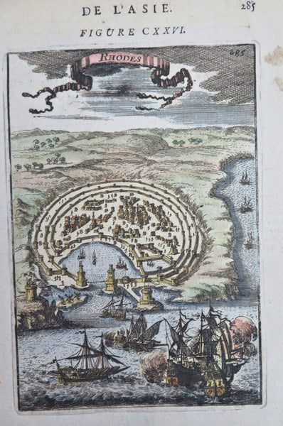 Rhodes Harbor & City View Naval Battle 1683 Mallet miniature map hand color