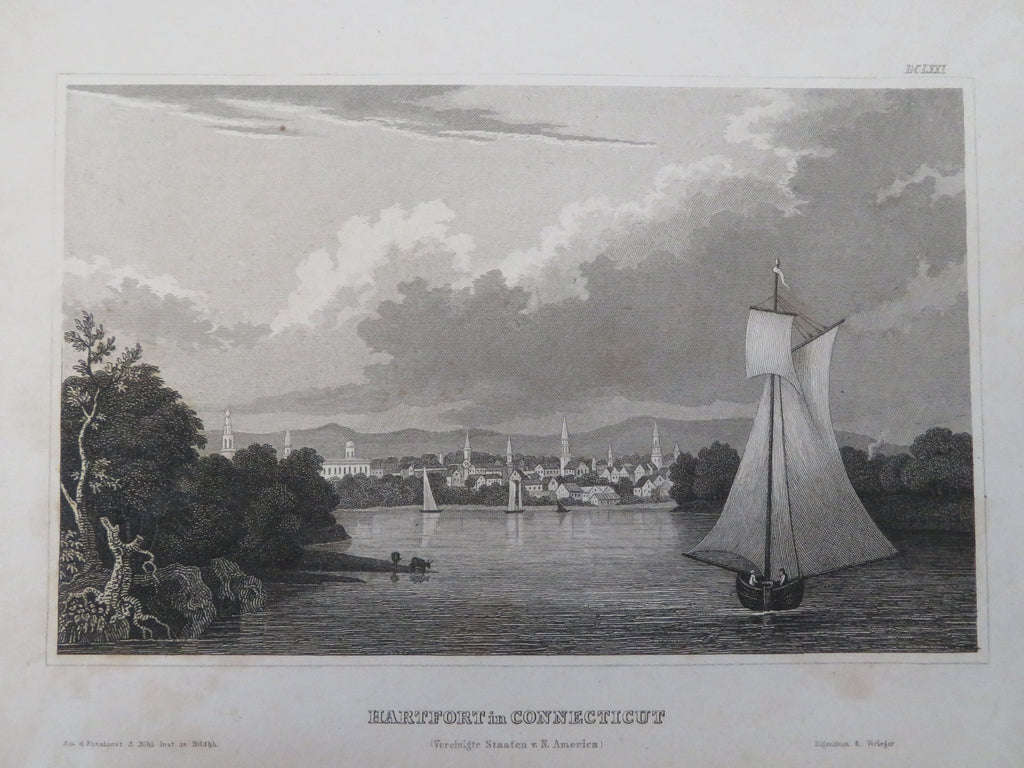 Hartford Connecticut River Sailing Ship c. 1840 old antique print city view