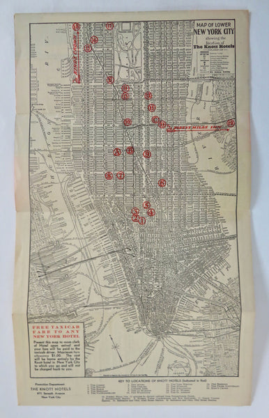 New York City Knott Hotels Tourist Brochure c. 1930's Deco era city plan map