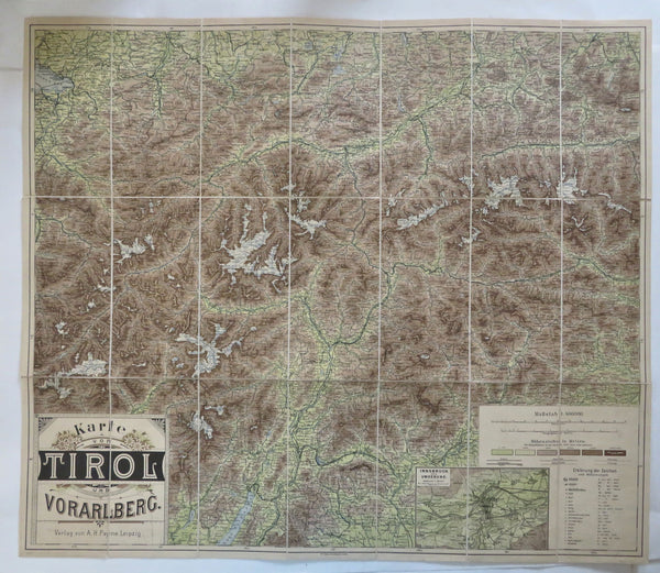 Tirol & Vorarlberg Austria Hapsburg Empire Alps c. 1880's large linen backed map