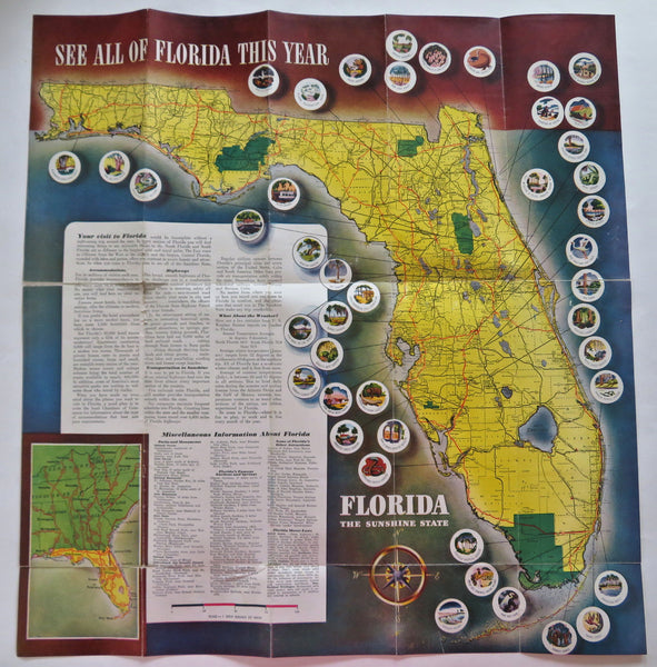 Florida Tourist Info State Map Sightseeing c. 1950's pictorial tourist brochure