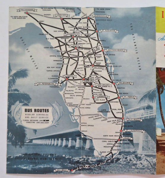 Florida Greyhound Bus Travel Brochure Sightseeing c. 1950's brochure & map