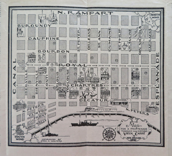 New Orleans City Plan Cartoon Pictorial Map Louisiana c. 1920 tourist brochure