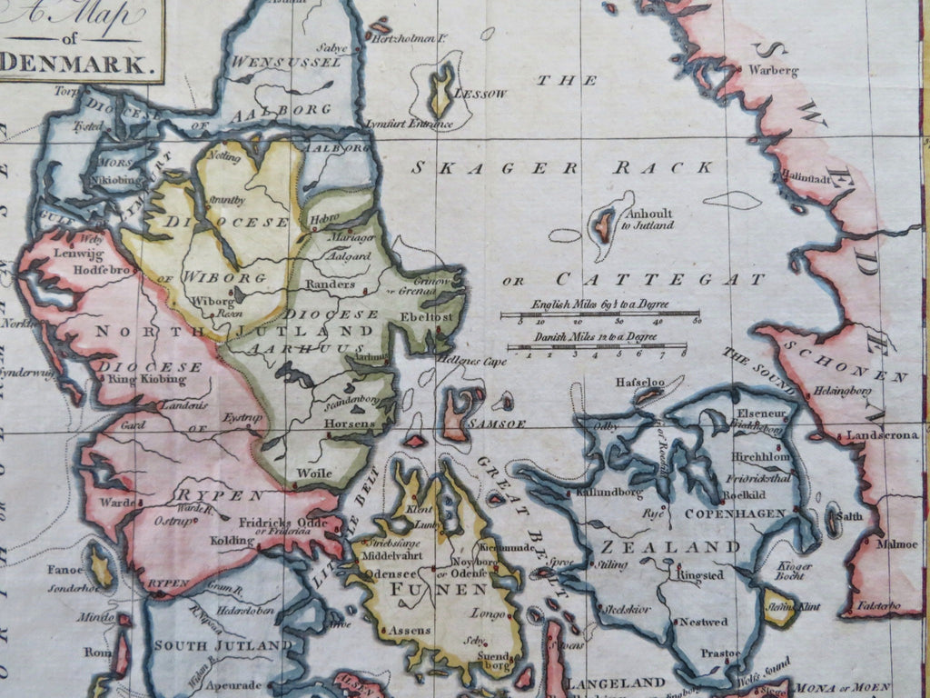 Denmark Copenhagen Arhus Sjaelland Jylland Fyn 1790 Trusler engraved map