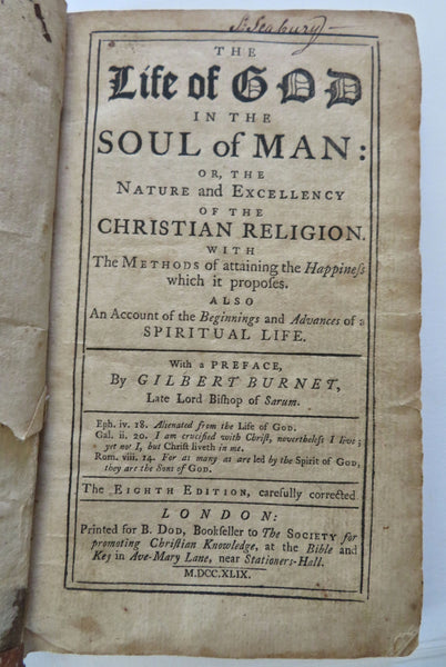 Life of God Soul of Man Christian Theology 1749 Burnet rare religious book