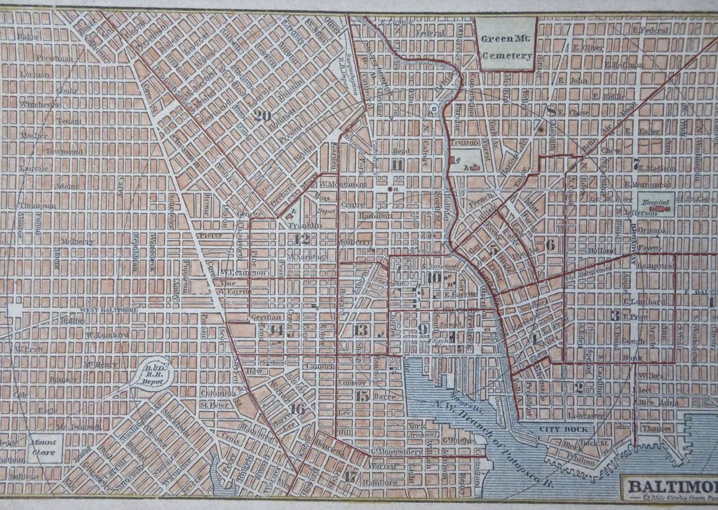 Baltimore Maryland 1853 scarce hand colored cerographic city plan map