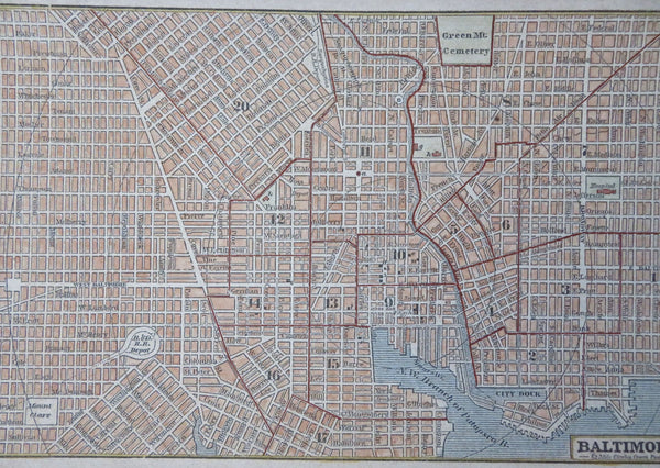 Baltimore Maryland 1853 scarce hand colored cerographic city plan map